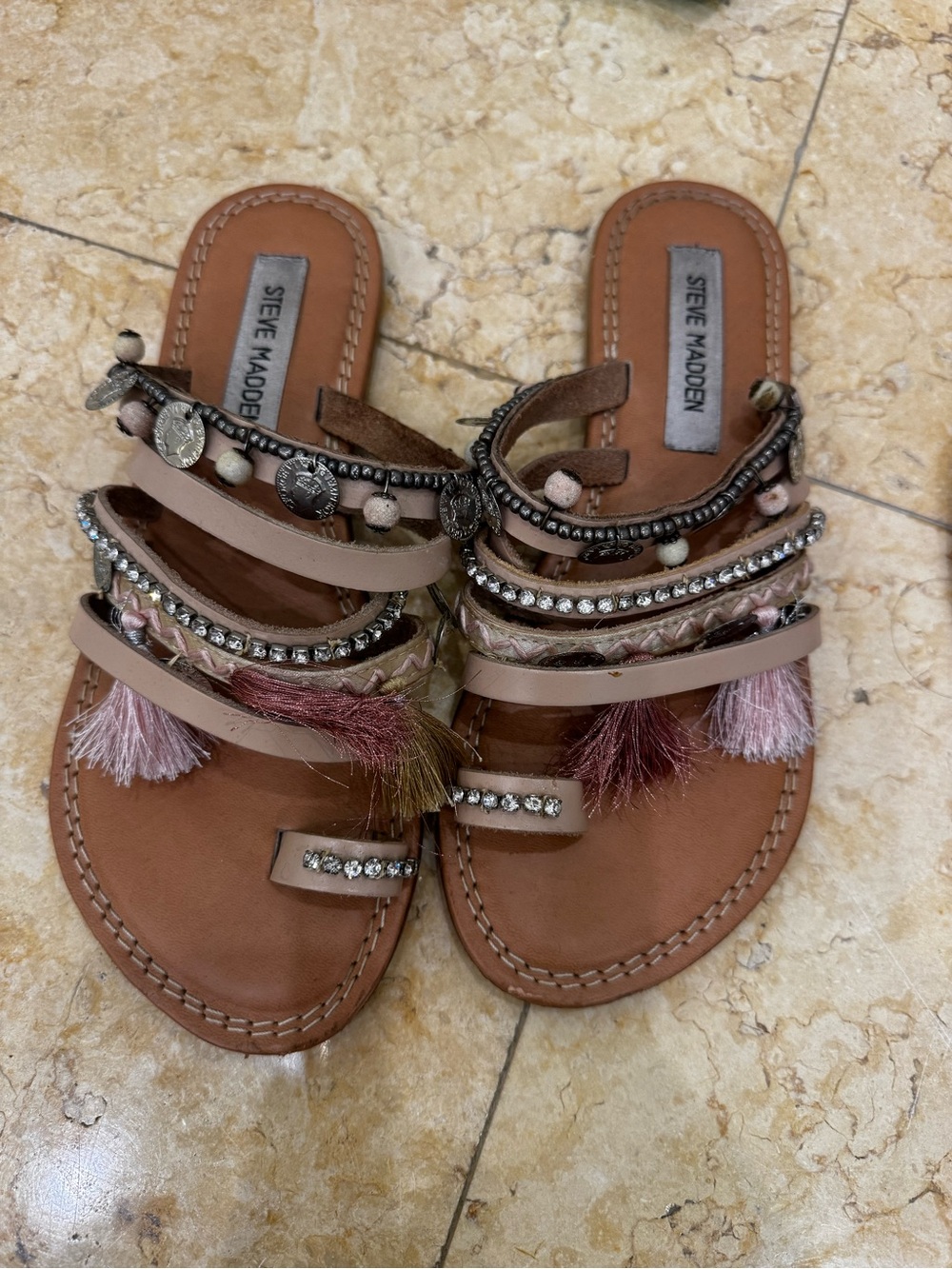 Steve Madden Brown Multicolor Embellished Tassel Slide Sandals